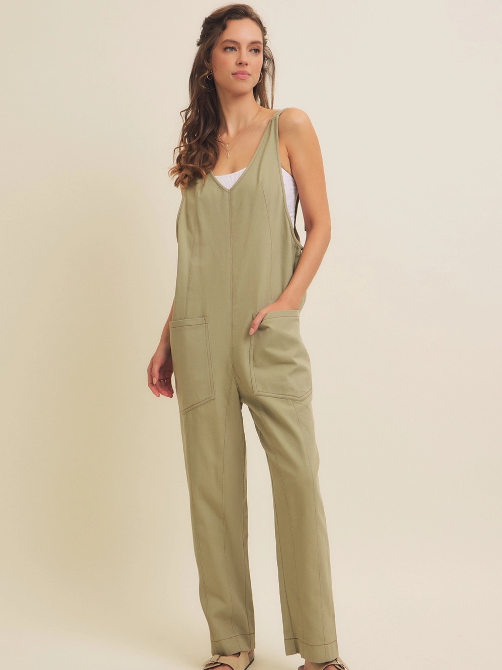 Relaxed Fit Cotton Twill Jumpsuit with Flattering Seaming Size Medium